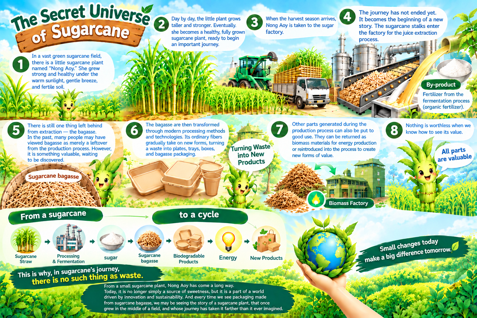 The Secret Universe of Sugarcane infographic showing the journey from cultivation and processing to by-products, biodegradable products, energy, and new products