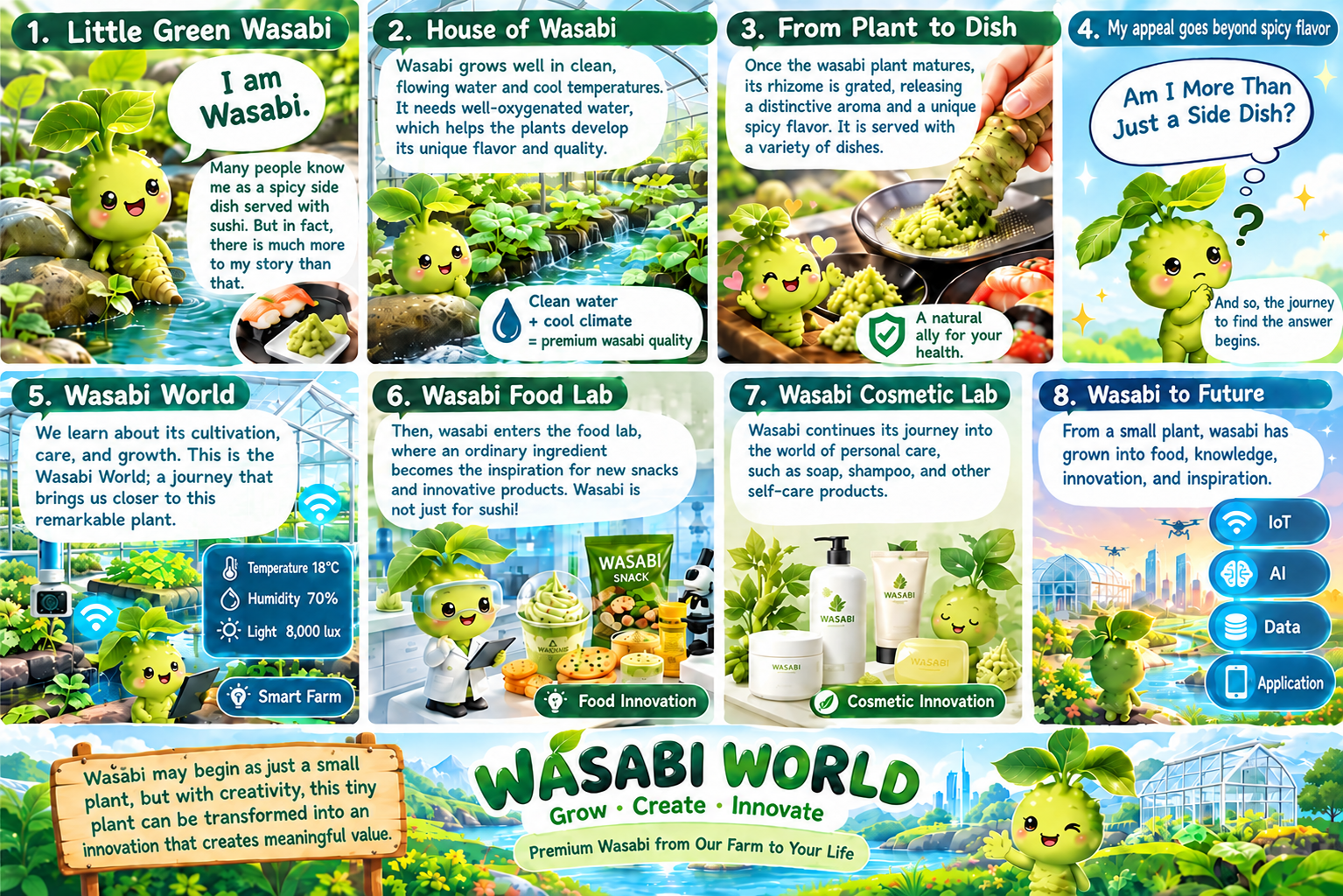Wasabi World infographic showing cultivation, food innovation, cosmetic innovation, and future technology applications
